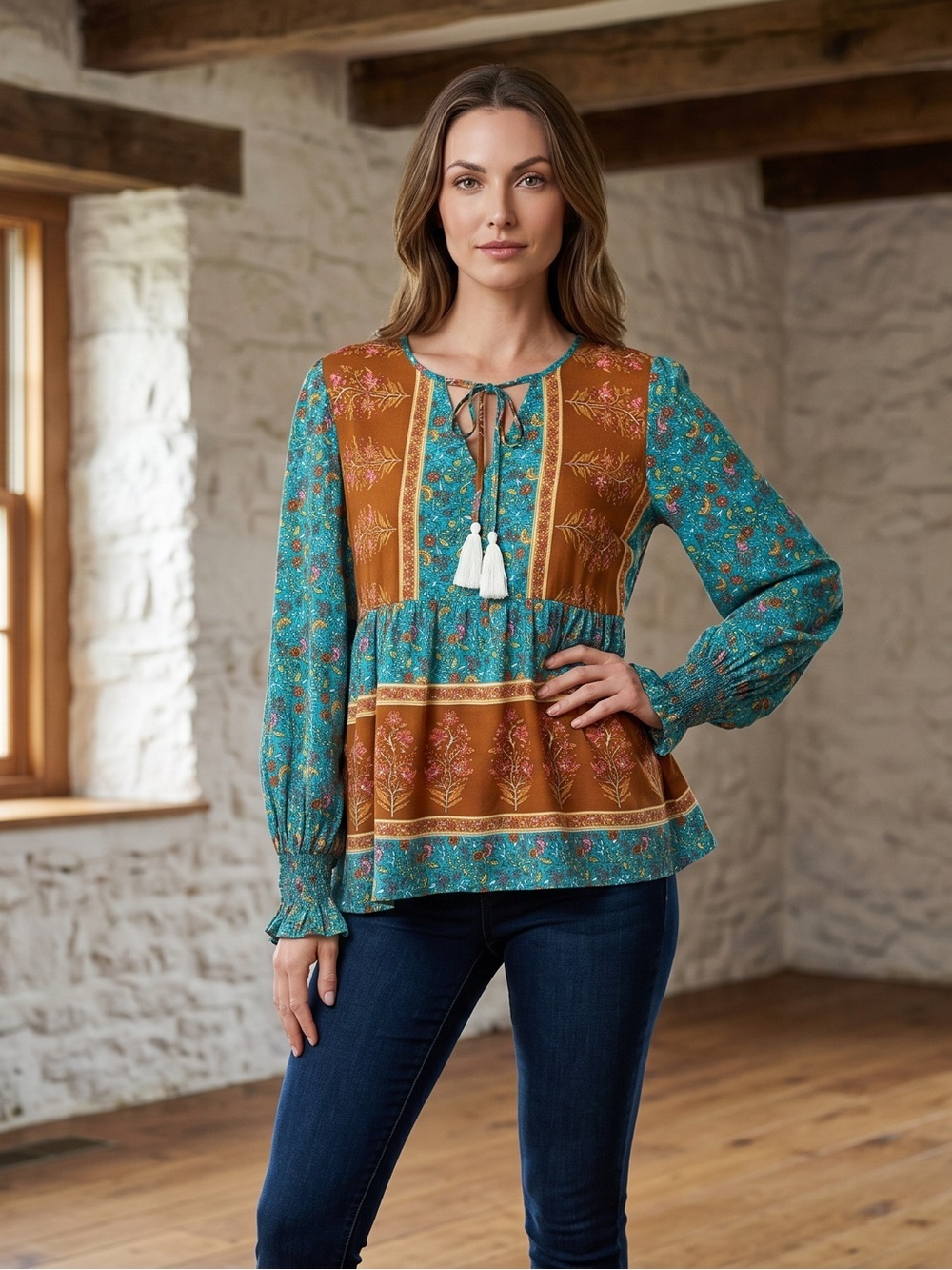 Floral Boho Inspired Peplum Blouse Vibrant Turquoise & Brown With Empire Waist